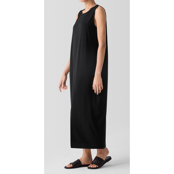 Eileen Fisher Stretch Jersey Knit Round Neck Dress Maxi Sleeveless Black Size XL - Picture 10 of 16